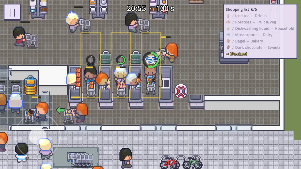Three open tills with lines of shoppers, and the player's shopping going through the scanner