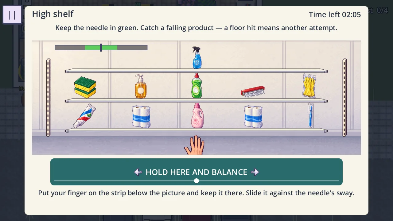 The high shelf mini-game: a hand reaching for a product on the top shelf, with a balance needle and a strip for the finger