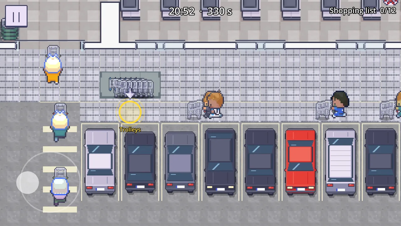 The car park of a hypermarket at the start of a level, the trolley shelter marked by a yellow ring