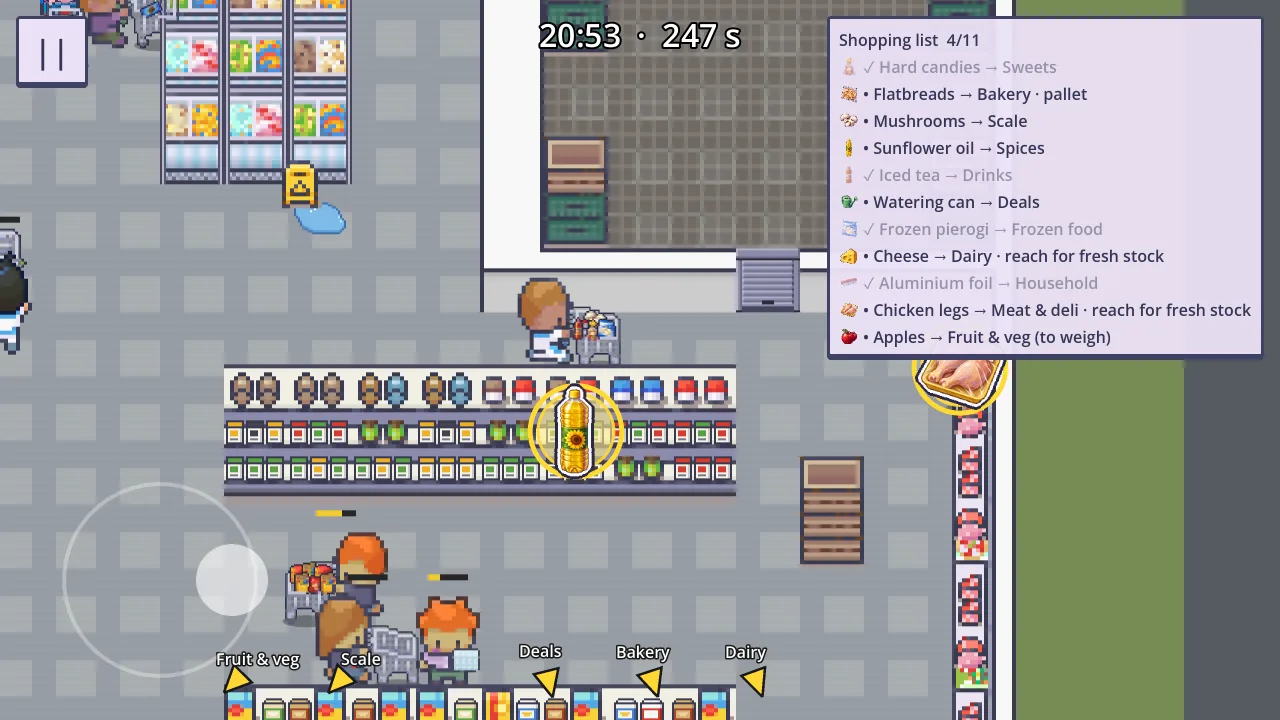 A supermarket with the shopping list on screen, a product floating over its shelf and arrows to departments