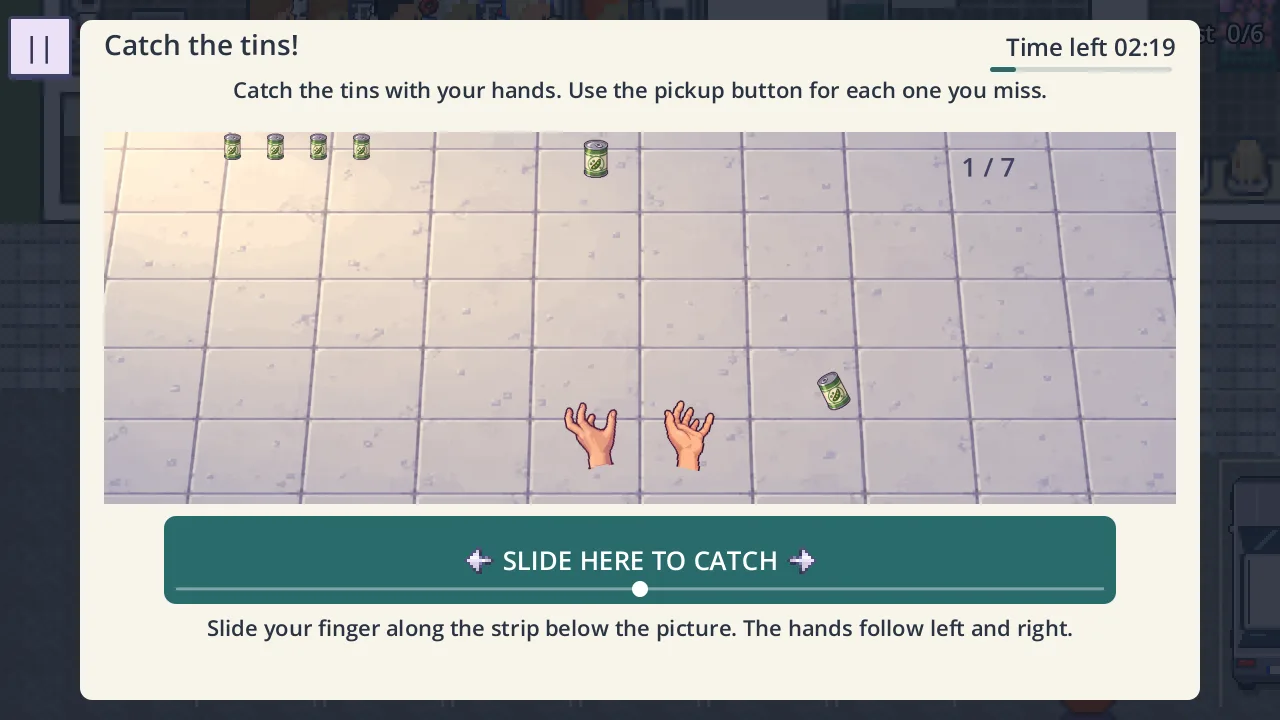 The catch the tins mini-game: two hands under falling tins